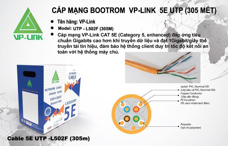 CÁP MẠNG VP-LINK CAT5E 300M L502F UTP LOẠI TỐT, CHUYÊN BOOTROM DÂY DÙ TRỢ LỰC