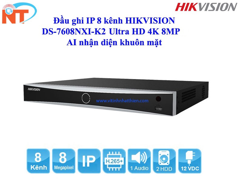 ĐẦU GHI CAMERA IP 8 KÊNH HIKVISION DS-7608NXI-K2 ULTRA HD 4K 12MP AI NHẬN DIỆN KHUÔN MẶT - HÀNG CHÍNH HÃNG