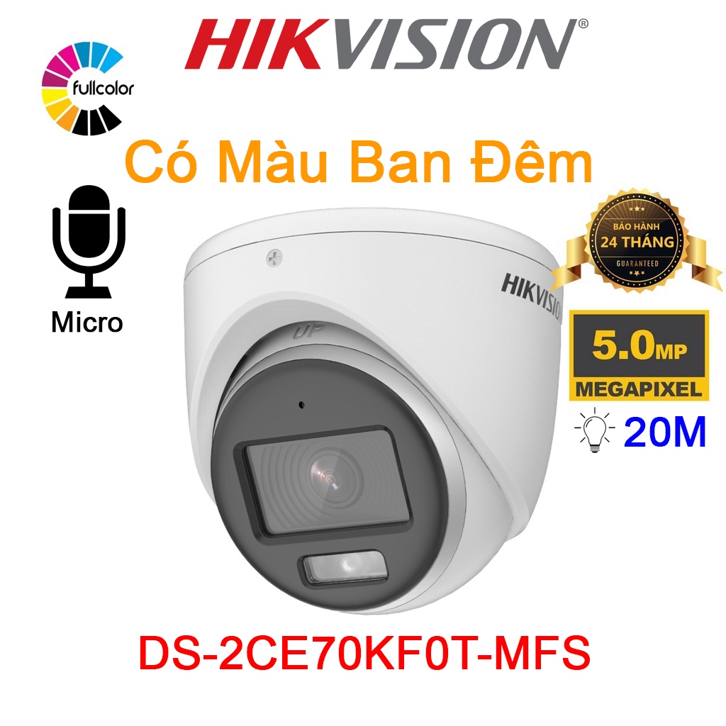 CAMERA HD-TVI COLORVU 5MP 3K HIKVISION DS-2CE70KF0T-MFS TÍCH HỢP MIC THU ÂM - HÀNG CHÍNH HÃNG